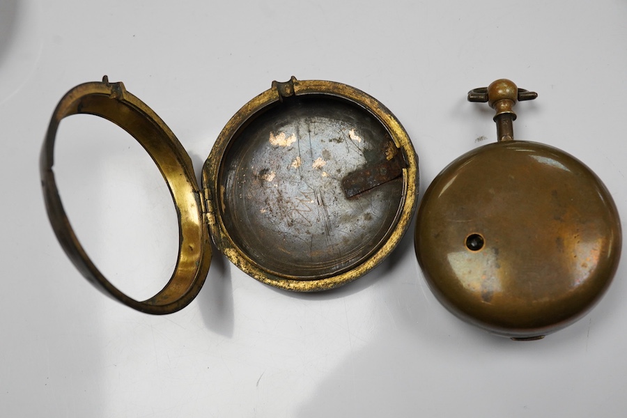 An early Victorian silver pair cased key wind verge pocket watch by Tho. Cogger, Hastings, outer case diameter 57mm, two other gilt metal pair cased pocket watches and a silver plated snuff box. Condition - poor